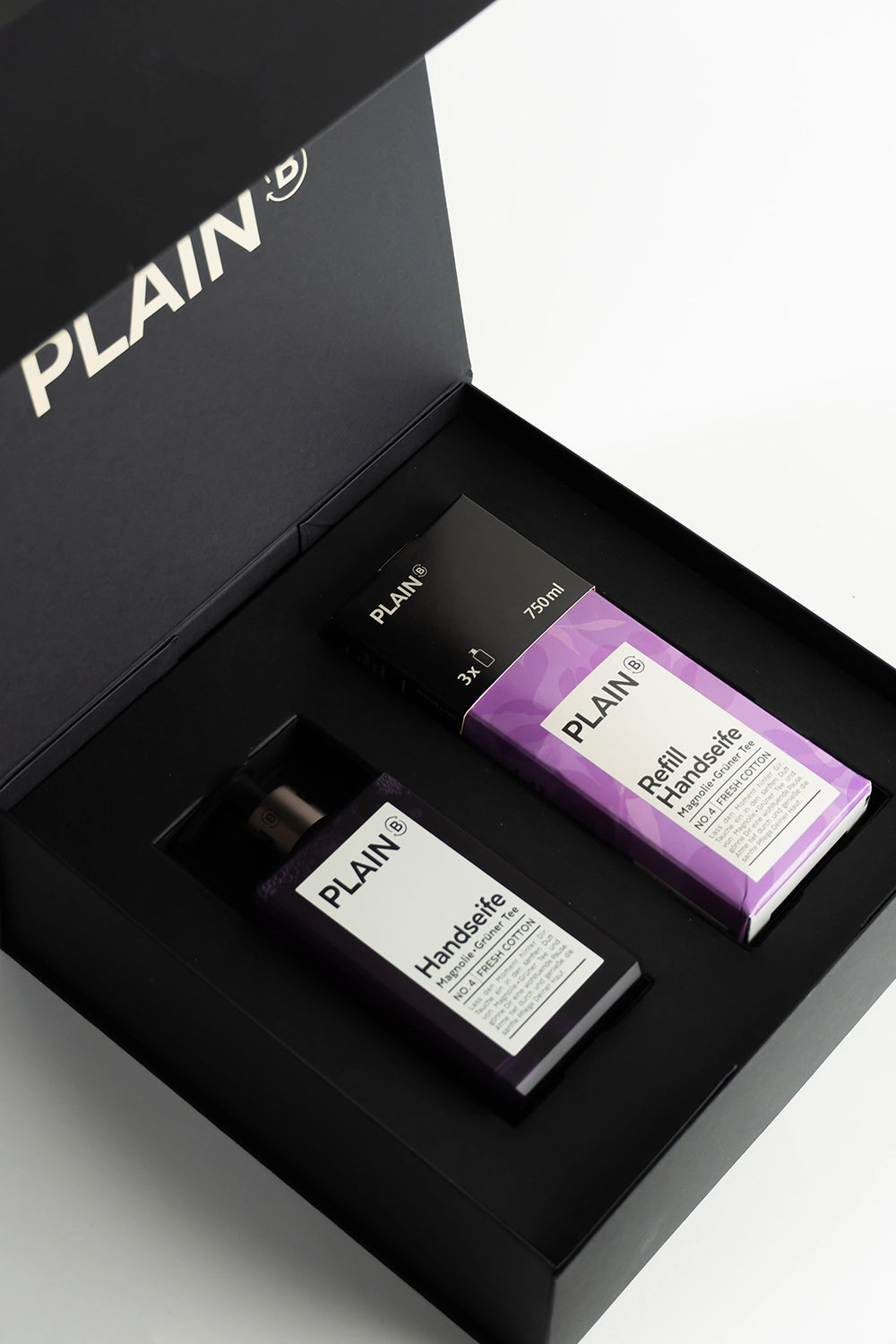 Geschenk-Set Flacon & Refill | NO. 4 | FRESH COTTON | Magnolie • Grüner Tee in PLAIN B Magnetbox